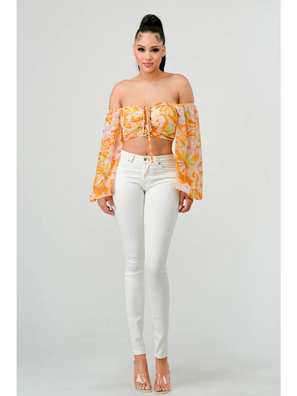 Floral Marble Print Smocked Off Shoulder Crop Top - Yellow - Broken horn