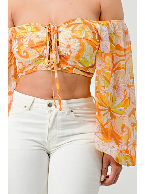 Floral Marble Print Smocked Off Shoulder Crop Top - Yellow - Broken horn