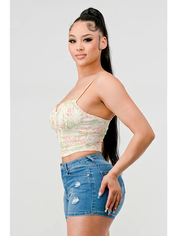 Floral Sweetheart Ruffled Hook Cami Bustier Top Pink/Green - Broken horn