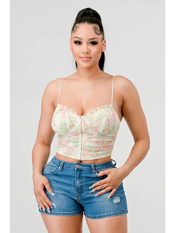 Floral Sweetheart Ruffled Hook Cami Bustier Top Pink/Green - Broken horn