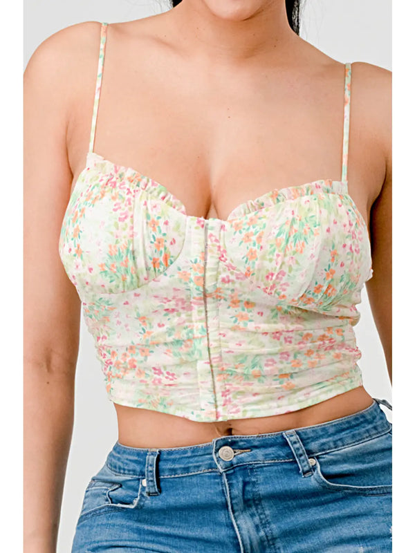 Floral Sweetheart Ruffled Hook Cami Bustier Top Pink/Green - Broken horn