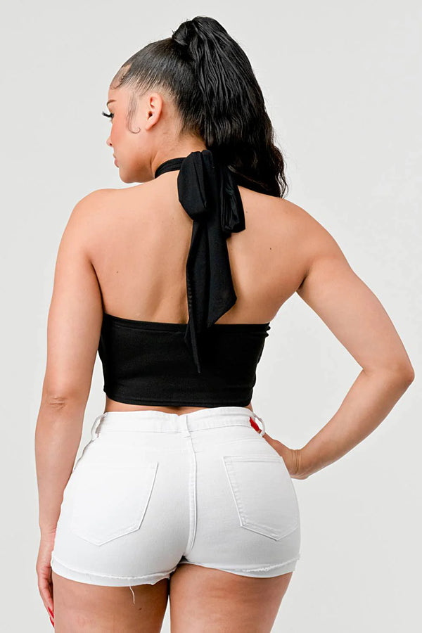 Luxe Nylon Ponte Halter Neck Back Tie Contrast Crop Top - Broken horn