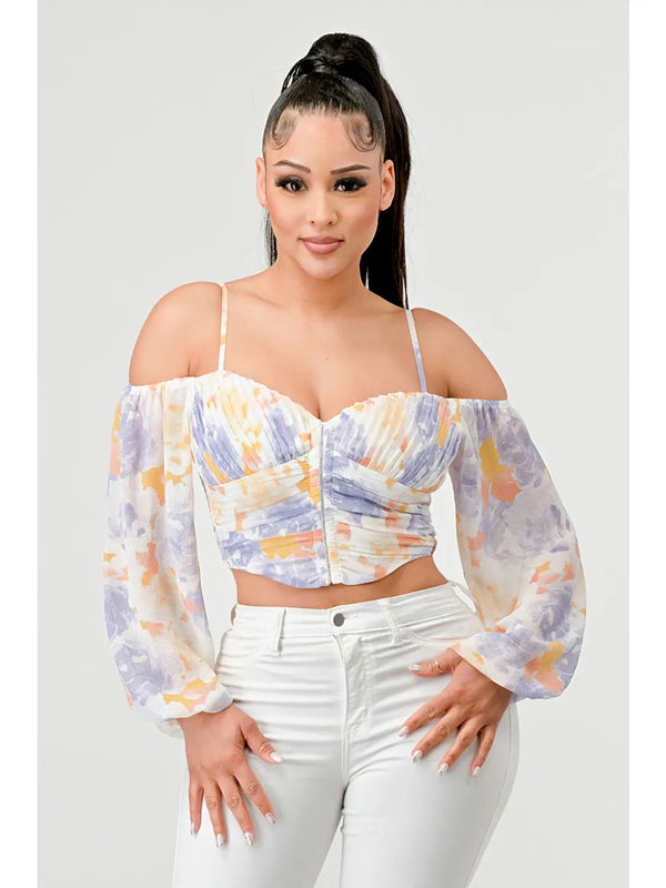 Watercolor Print Off Shoulder Ruched Corset Top - Lavender - Broken horn