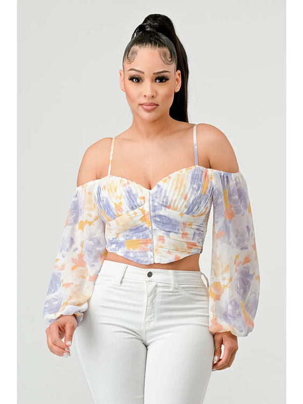 Watercolor Print Off Shoulder Ruched Corset Top - Lavender - Broken horn
