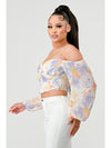 Watercolor Print Off Shoulder Ruched Corset Top - Lavender - Broken horn