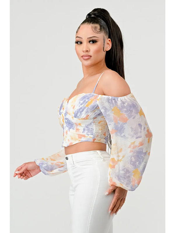 Watercolor Print Off Shoulder Ruched Corset Top - Lavender - Broken horn
