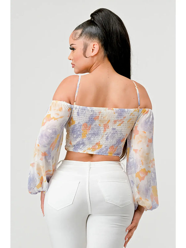 Watercolor Print Off Shoulder Ruched Corset Top - Lavender - Broken horn