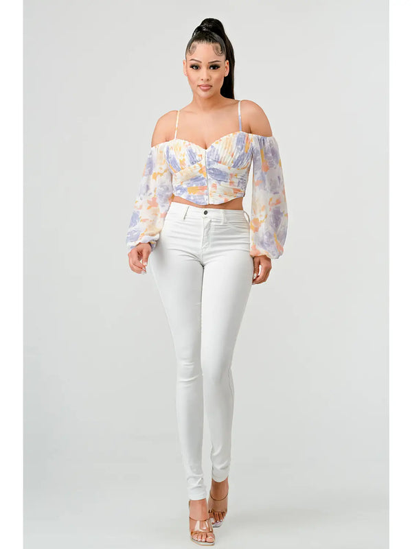 Watercolor Print Off Shoulder Ruched Corset Top - Lavender - Broken horn