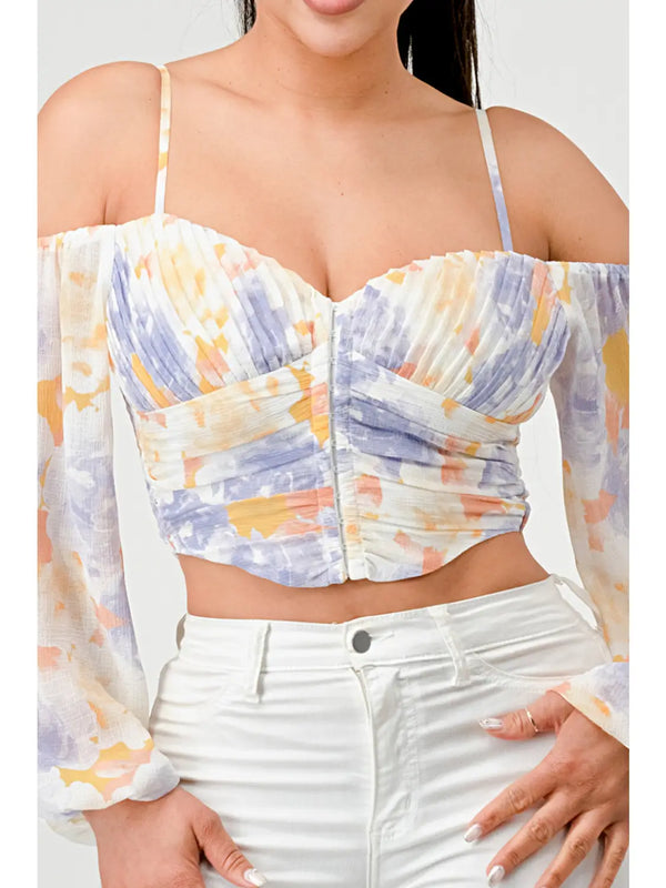 Watercolor Print Off Shoulder Ruched Corset Top - Lavender - Broken horn