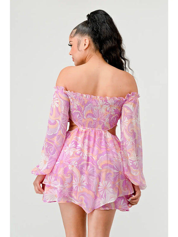 Floral Pebble Chiffon Print Ruffle Mini Dress - Pink - Broken horn