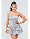Floral Print Fit And Flare Ruffled Mini Dress - Light Blue - Broken horn