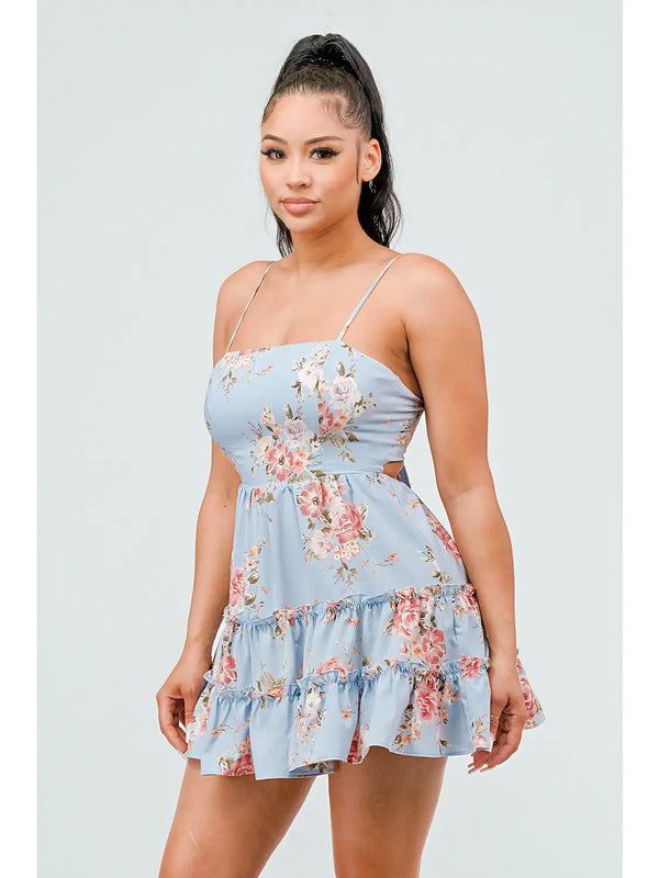 Floral Print Fit And Flare Ruffled Mini Dress - Light Blue - Broken horn