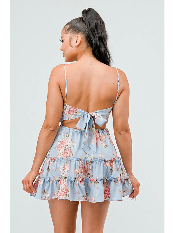 Floral Print Fit And Flare Ruffled Mini Dress - Light Blue - Broken horn