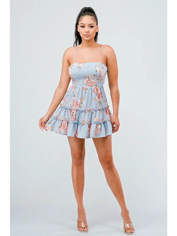 Floral Print Fit And Flare Ruffled Mini Dress - Light Blue - Broken horn
