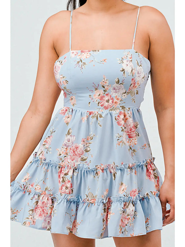 Floral Print Fit And Flare Ruffled Mini Dress - Light Blue - Broken horn