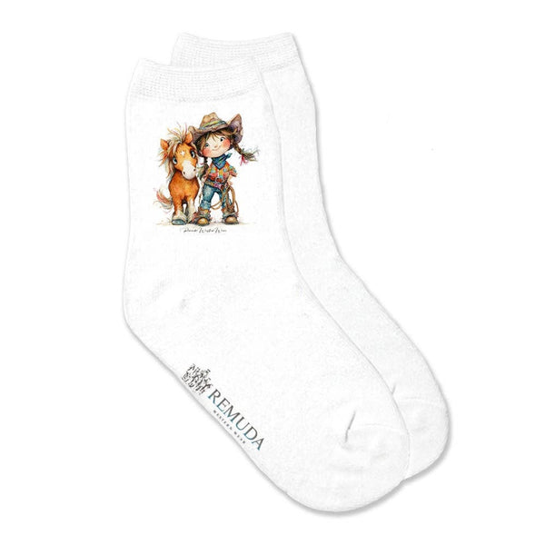 Pony Pals Cowgirl - Kids Girls Western Crew Socks - Broken horn