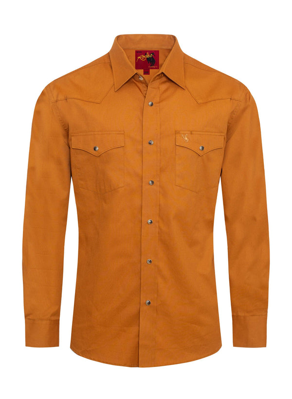 Rodeo Men's Western Solid Cotton Twill Snap Shirt - Cognac - Broken horn