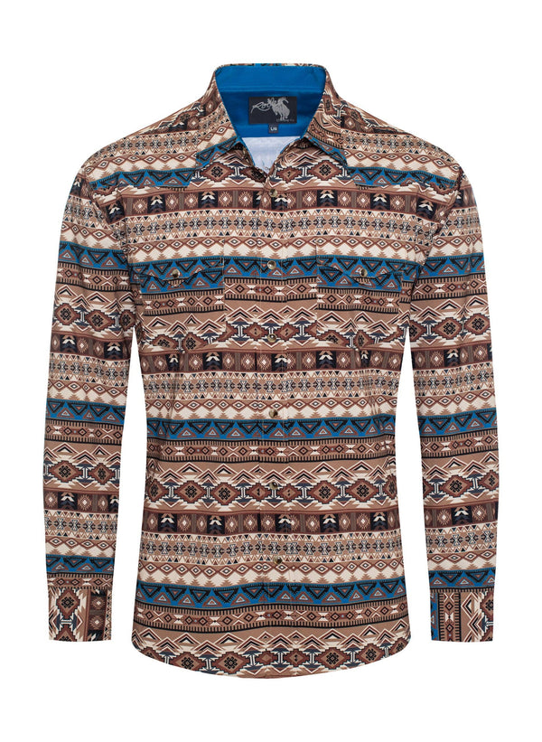Rodeo Men's Western Pearl Snap Aztec Print Shirt - Broken horn