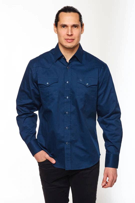 Rodeo Men's Western Solid Cotton Twill Snap Shirt - Navy - Broken horn