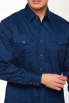 Rodeo Men's Western Solid Cotton Twill Snap Shirt - Navy - Broken horn