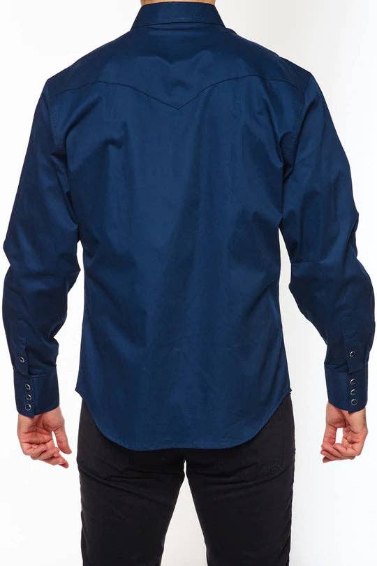 Rodeo Men's Western Solid Cotton Twill Snap Shirt - Navy - Broken horn
