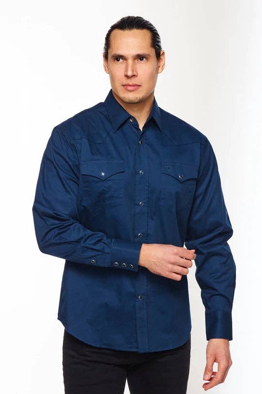 Rodeo Men's Western Solid Cotton Twill Snap Shirt - Navy - Broken horn