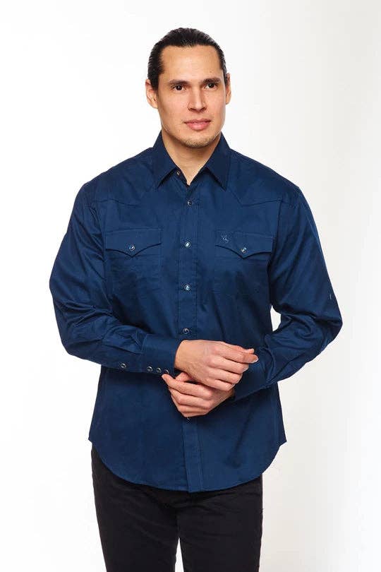 Rodeo Men's Western Solid Cotton Twill Snap Shirt - Navy - Broken horn