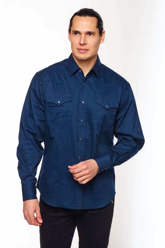 Rodeo Men's Western Solid Cotton Twill Snap Shirt - Navy - Broken horn