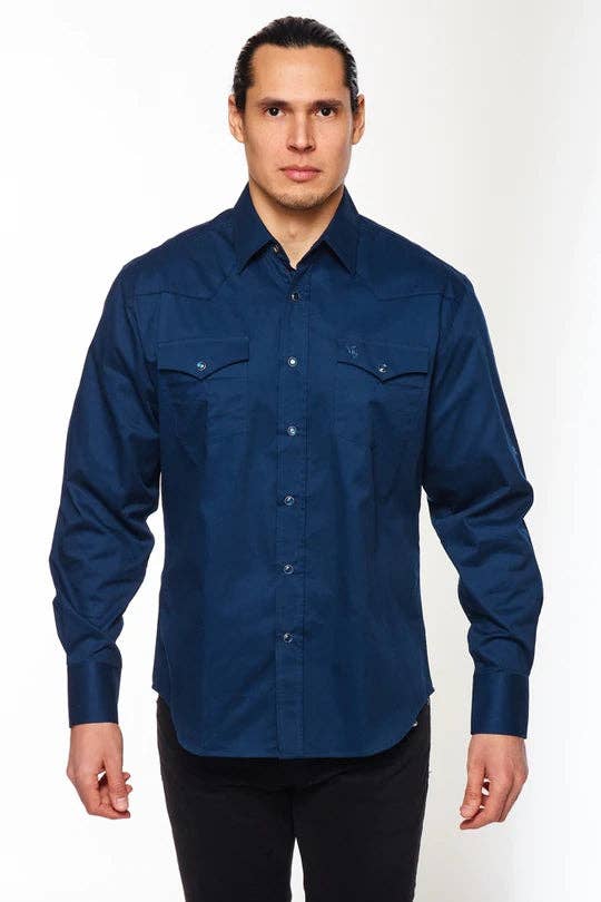Rodeo Men's Western Solid Cotton Twill Snap Shirt - Navy - Broken horn