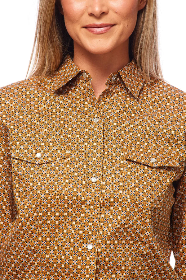 Rodeo Women Long Sleeve Brwon Snap Western Shirt - Broken horn