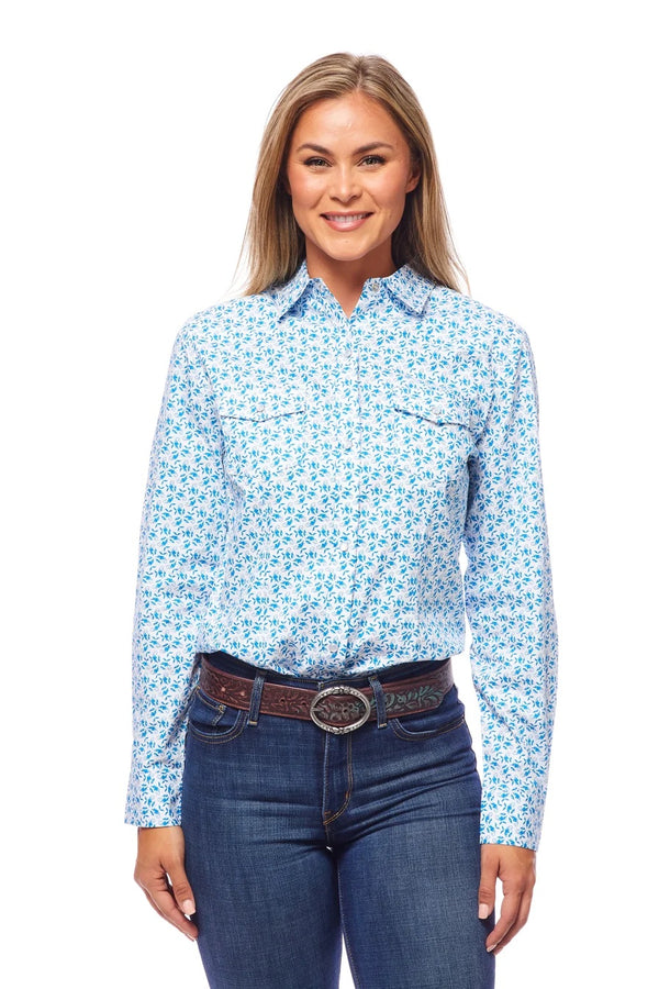 Rodeo Women Long SLeeve Blue & White Snap Western Shirt - Broken horn