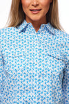 Rodeo Women Long SLeeve Blue & White Snap Western Shirt - Broken horn