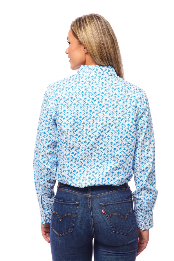 Rodeo Women Long SLeeve Blue & White Snap Western Shirt - Broken horn
