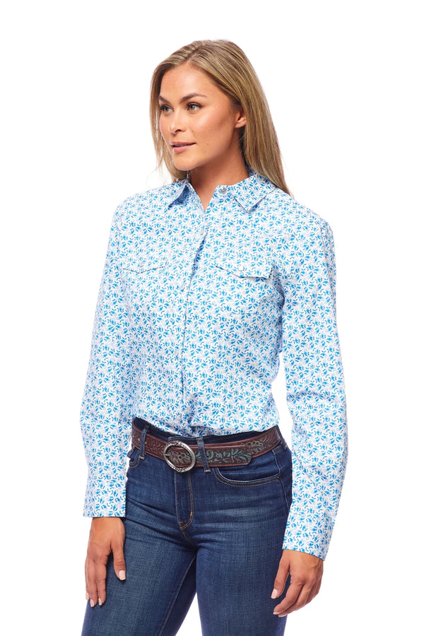 Rodeo Women Long SLeeve Blue & White Snap Western Shirt - Broken horn