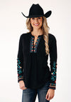 Roper Women Black Slub Knit Jersey Top - Broken horn