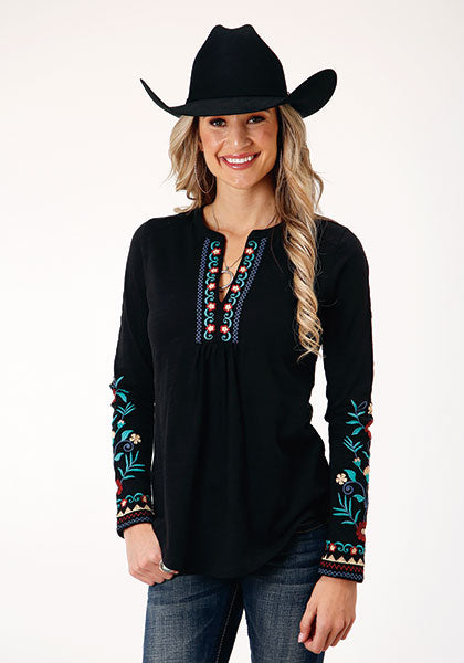 Roper Women Black Slub Knit Jersey Top - Broken horn