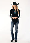 Roper Women Black Slub Knit Jersey Top - Broken horn