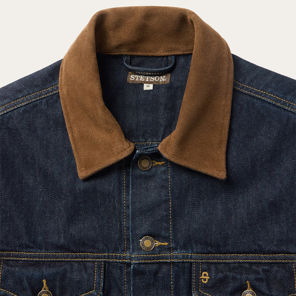 Stetson Suede Collar Raw Denim Jacket - Broken horn