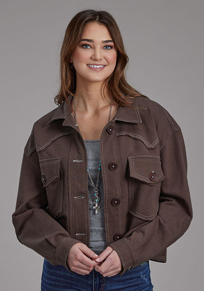 Roper Women Cotton Fleece Crop Jacket - Broken horn