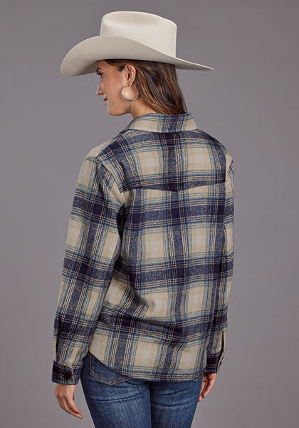 Stetson Women Blue Plaid Shirt Jacket - Broken horn