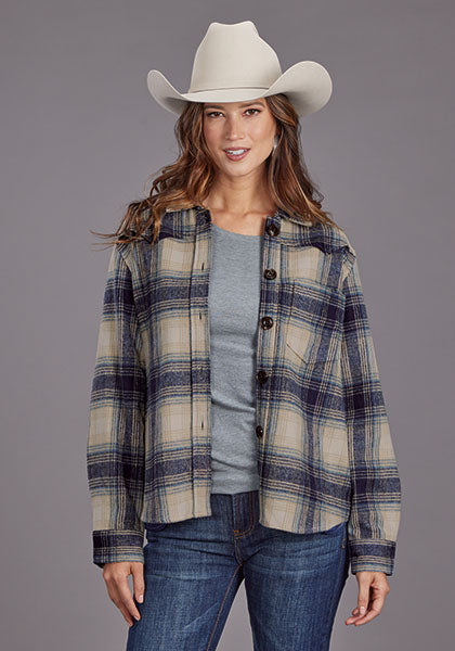 Stetson Women Blue Plaid Shirt Jacket - Broken horn
