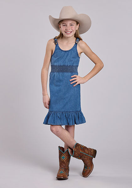 Roper Girl's Dark Blue Denim Tank Dress - Broken horn