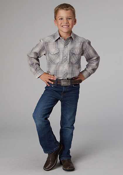 Roper Boy's Grey/Light Blue Plaid - Broken horn