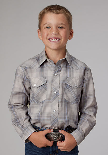 Roper Boy's Grey/Light Blue Plaid - Broken horn