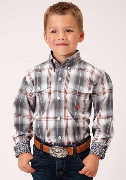 Roper Boy's Smokey Plaid - Grey - Broken horn