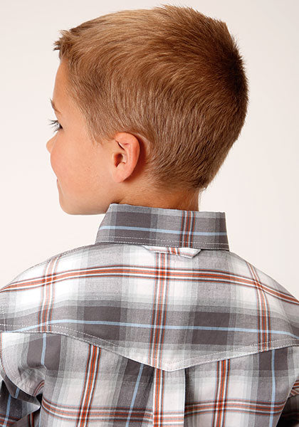 Roper Boy's Smokey Plaid - Grey - Broken horn