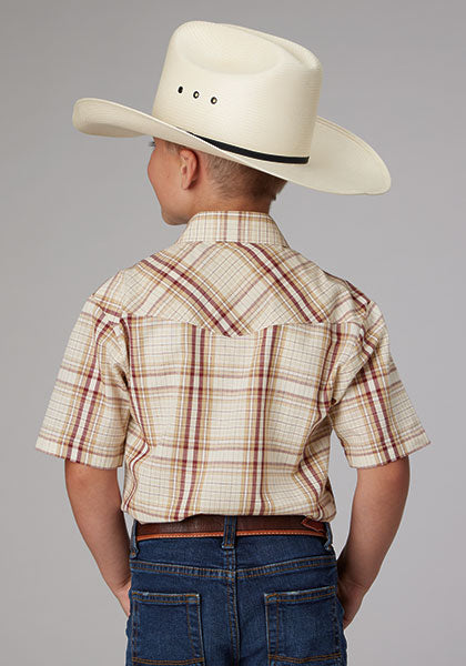 Roper Boy's Tan/Cream/Wine Plaid - Broken horn