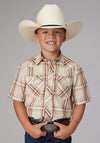 Roper Boy's Tan/Cream/Wine Plaid - Broken horn