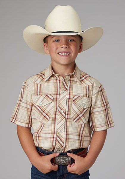 Roper Boy's Tan/Cream/Wine Plaid - Broken horn