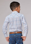 Roper Boy's White/Blue/Tan Windowpane Plaid - Broken horn